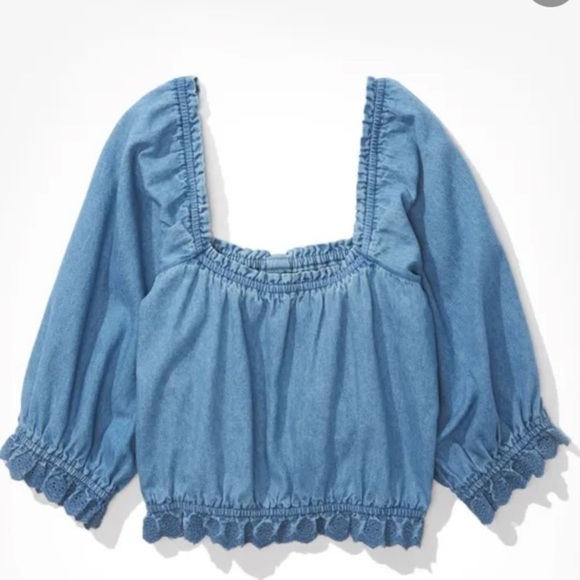 NWOT AE Lace Puff-Sleeve Chambray Cropped Blouse - Small - Picture 5 of 11